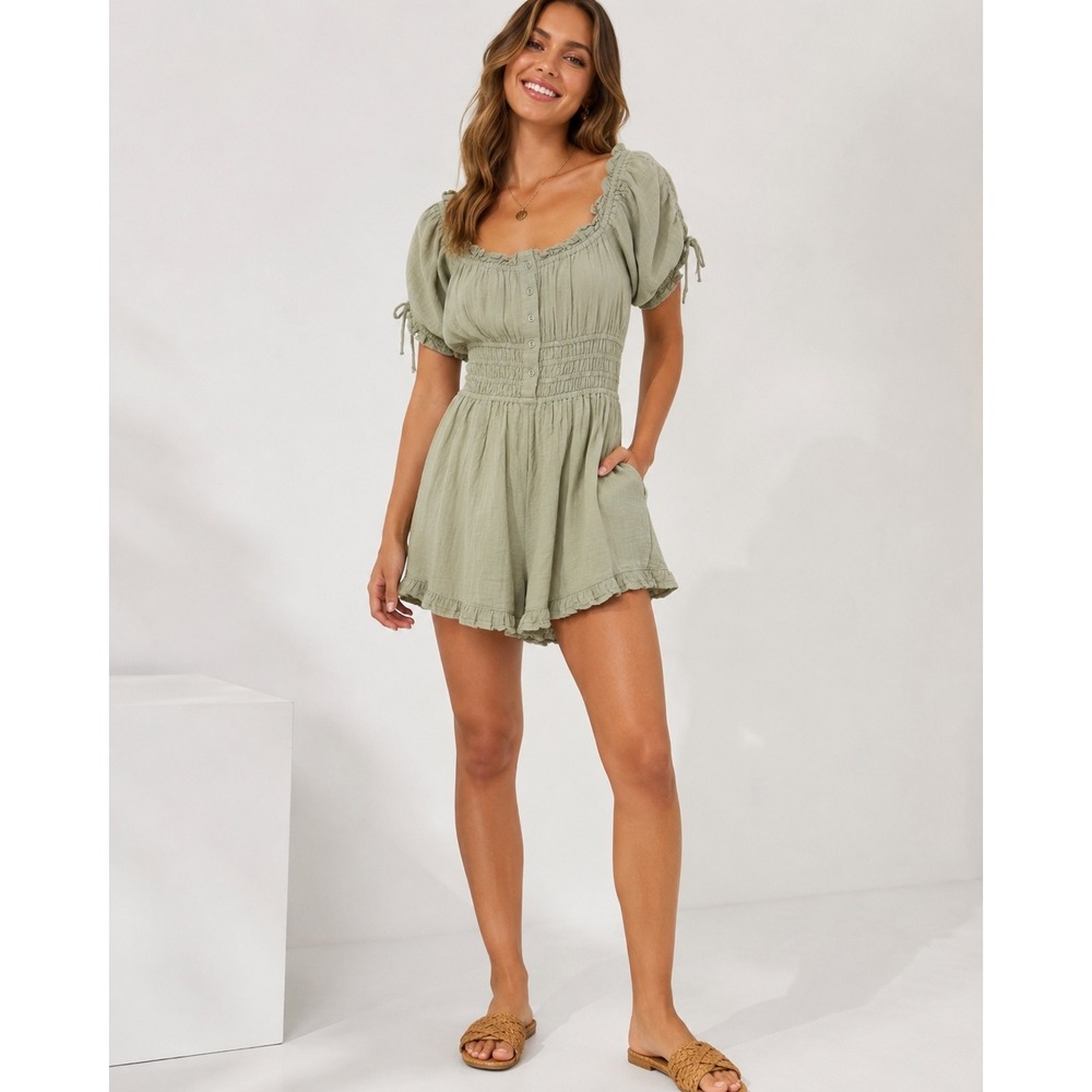 Cotton On Women Sage Green Smocked Waist Ruffle Romper Size 10 US Puff Sleeve
